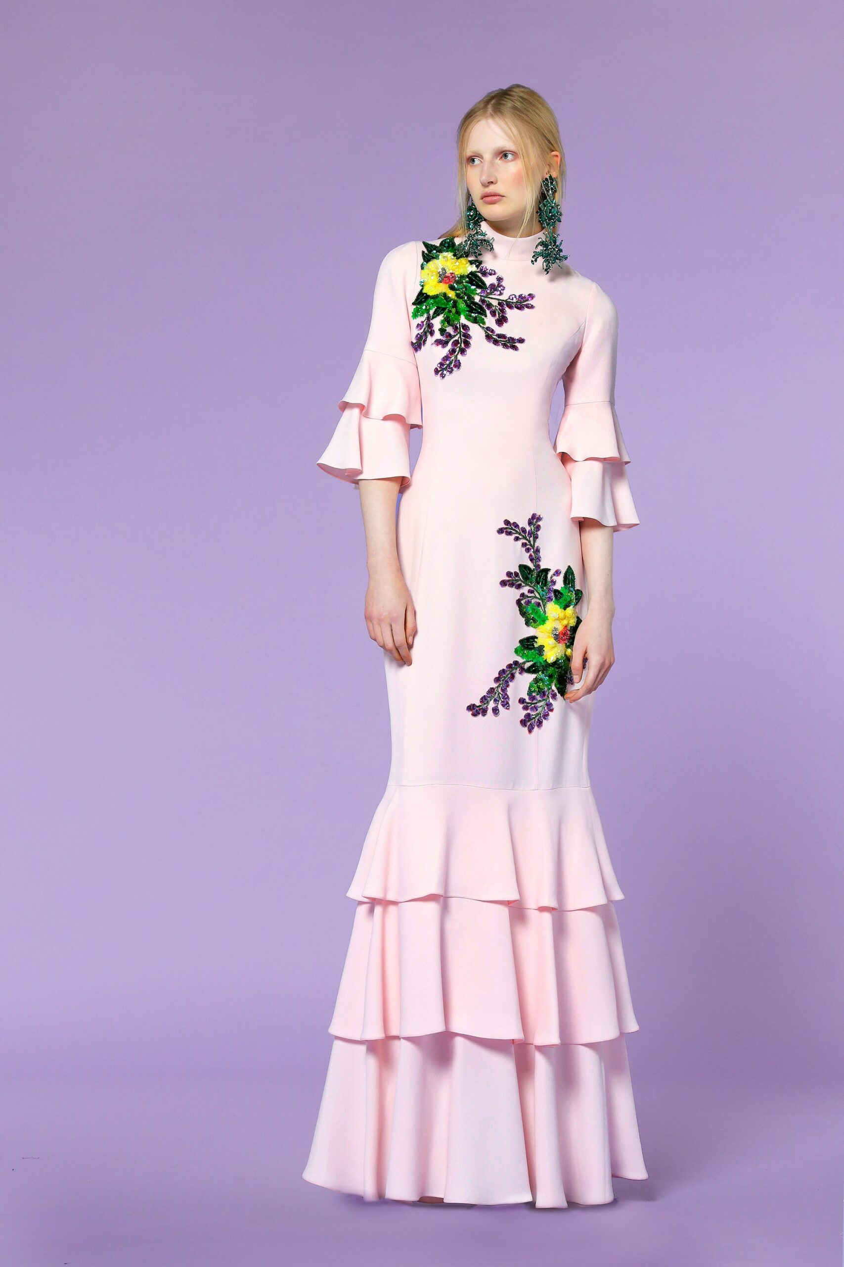 pink tiered ruffled gown