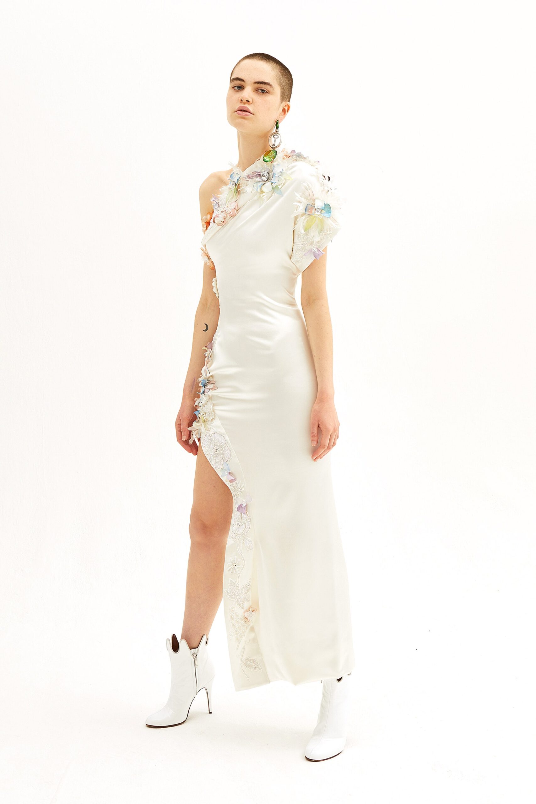 white silk off-shoulder dress with embroidered details