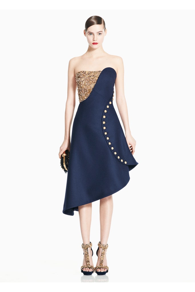 navy silk strapless asymmetric dress