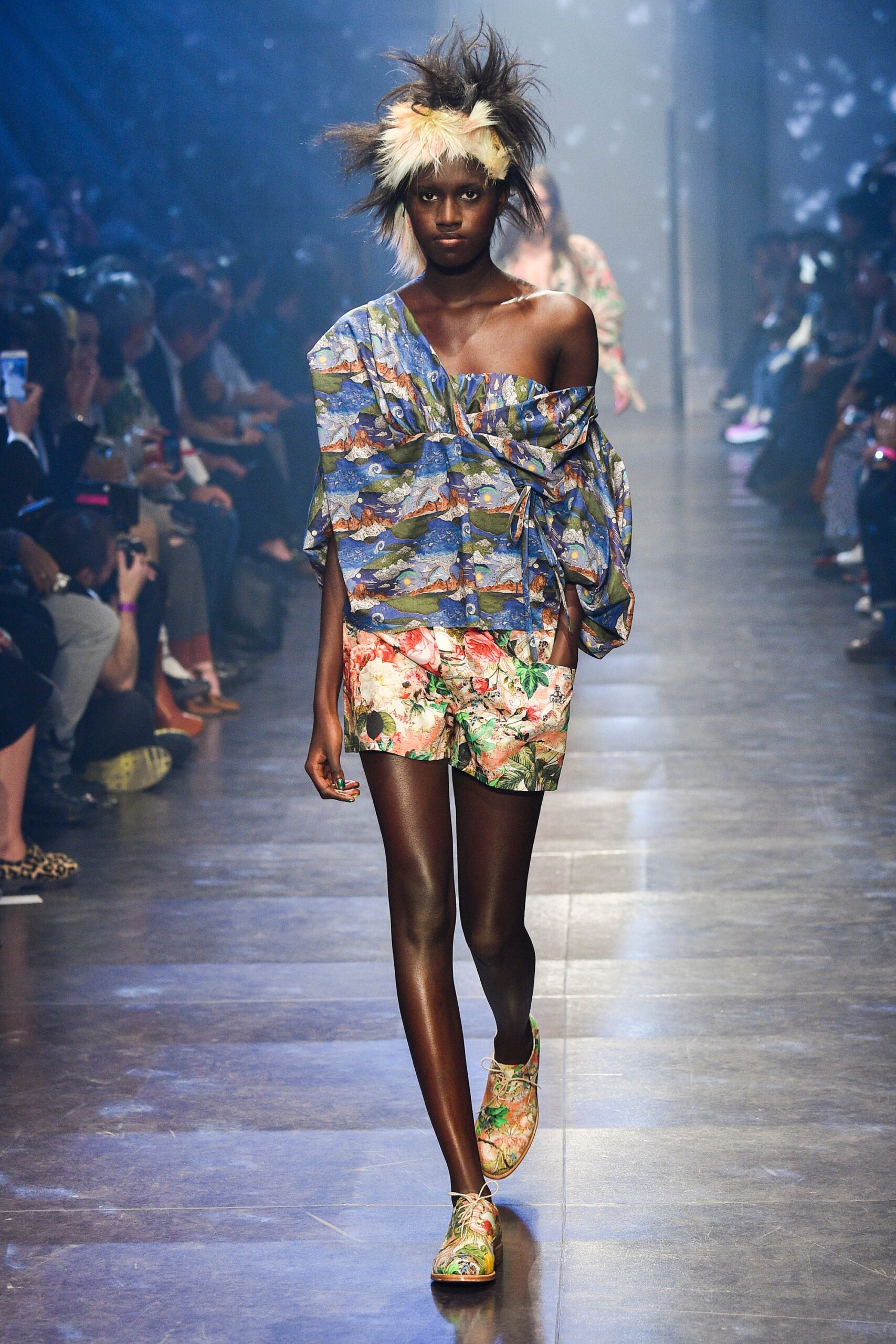 printed blue top and multi shorts