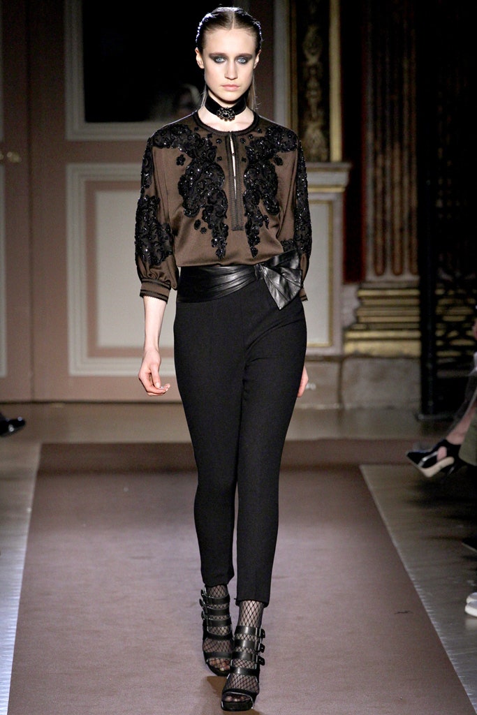 black silk long-sleeve collared fitted embroidered blouse