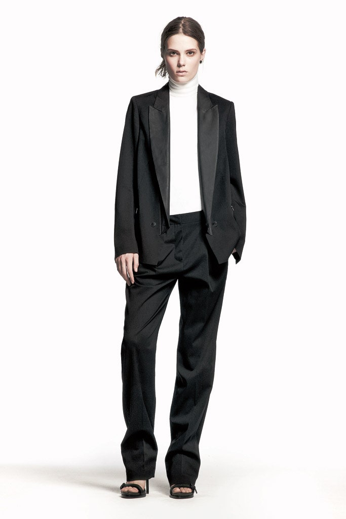 black tailored suit with white top