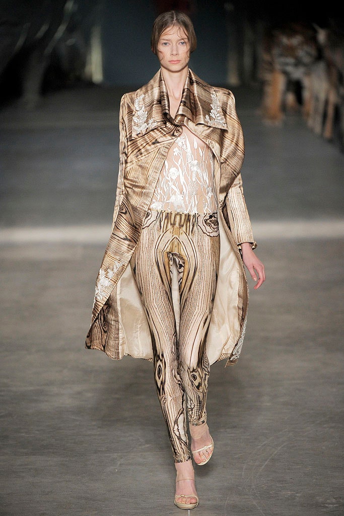 beige silk coat and catsuit