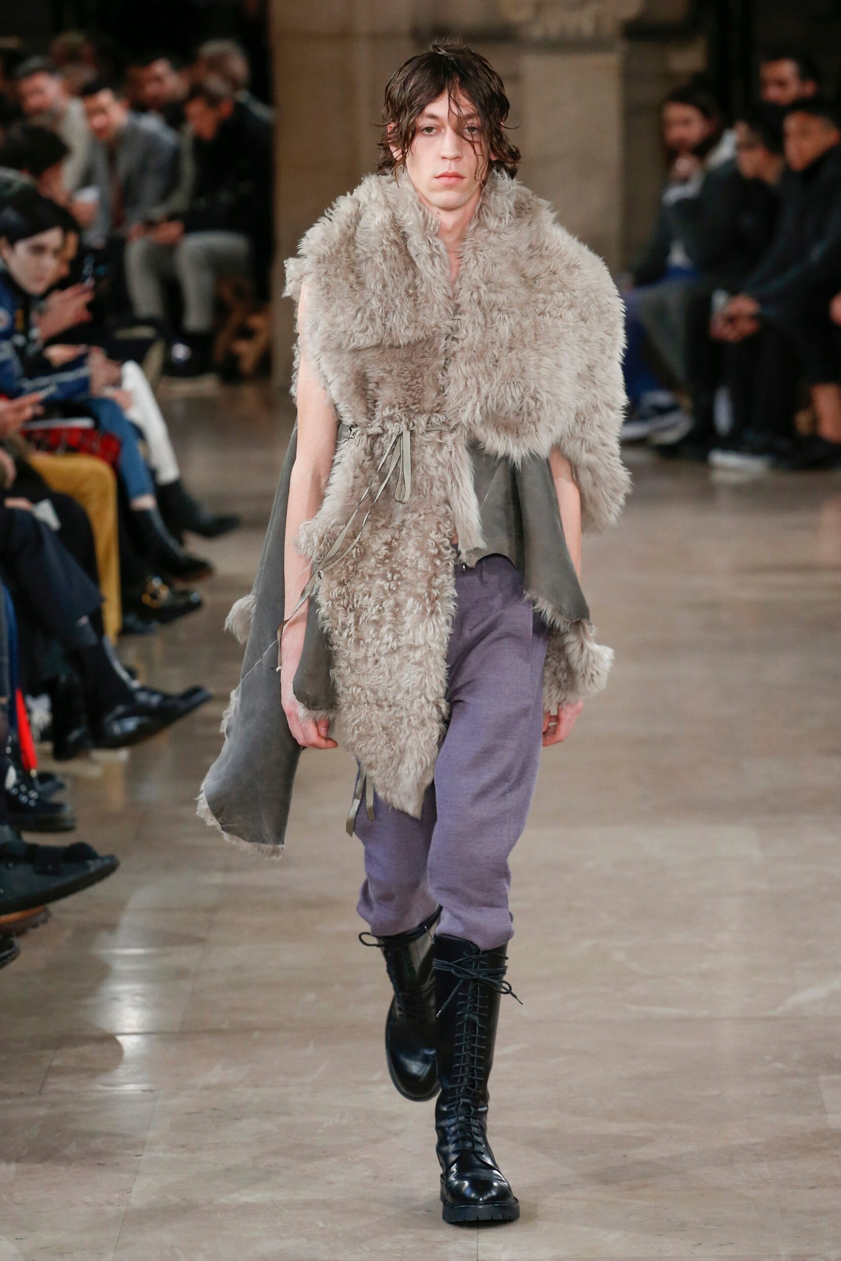 gray fur cape with purple pants