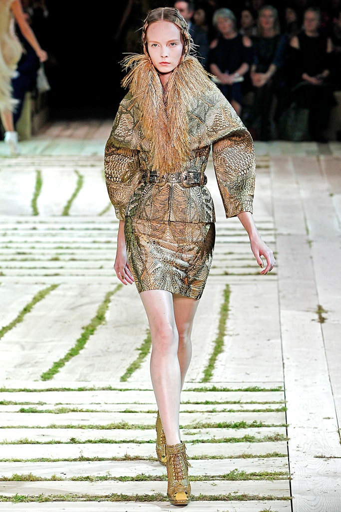 gold silk long-sleeve high-neck fitted structured zippered dress