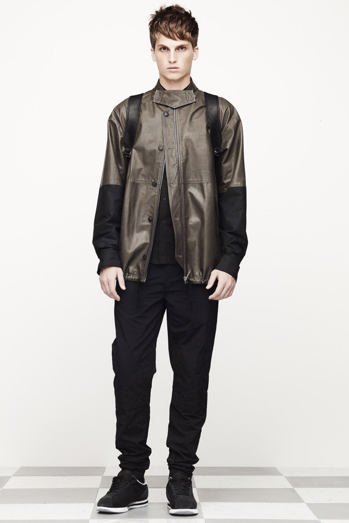 gray leather long-sleeve collared relaxed zippered jacket