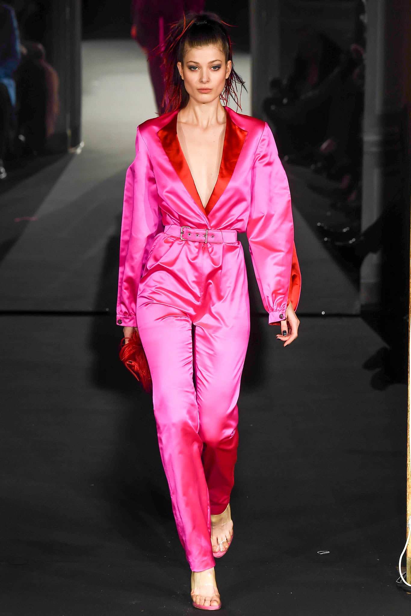 pink satin fitted jumpsuit