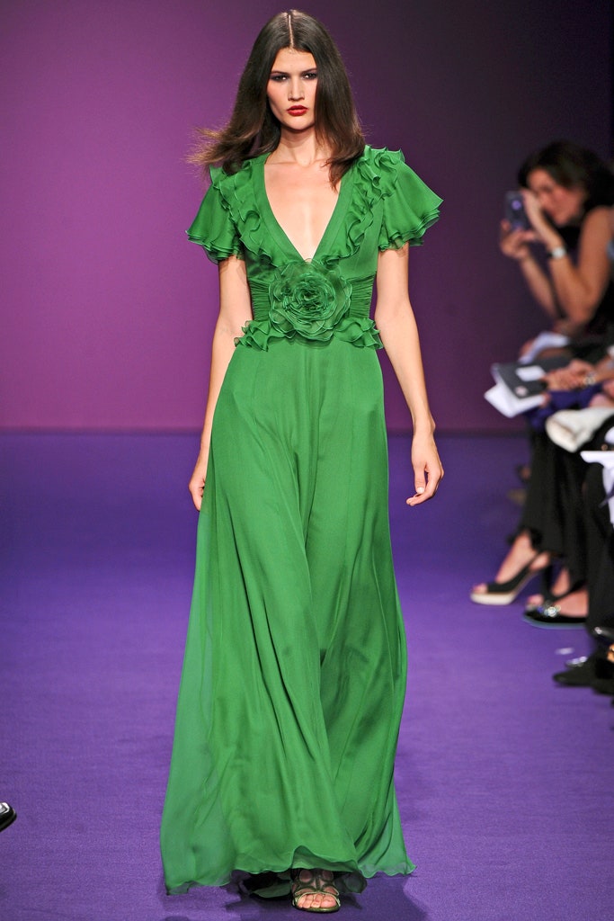 green silk ruffled gown
