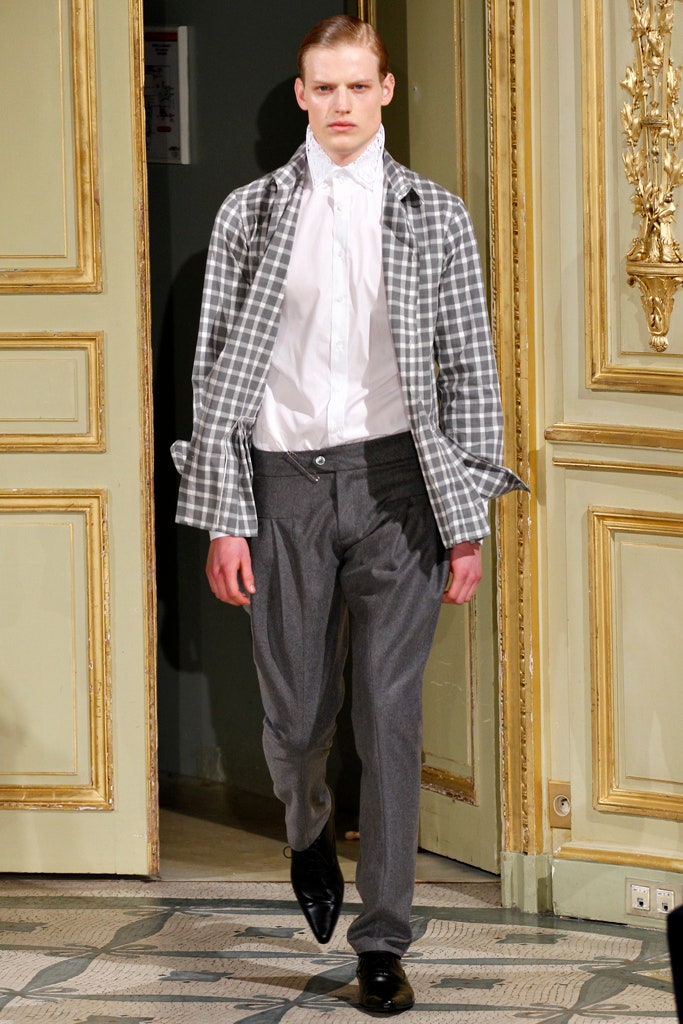 gray checked jacket with white shirt