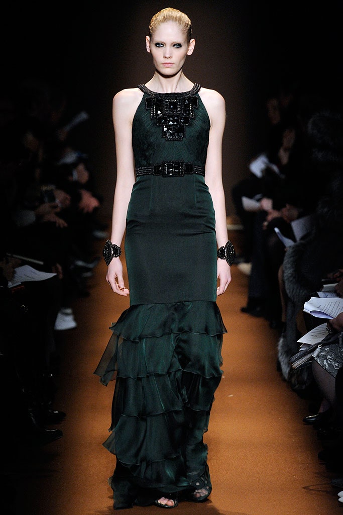 fitted green silk gown
