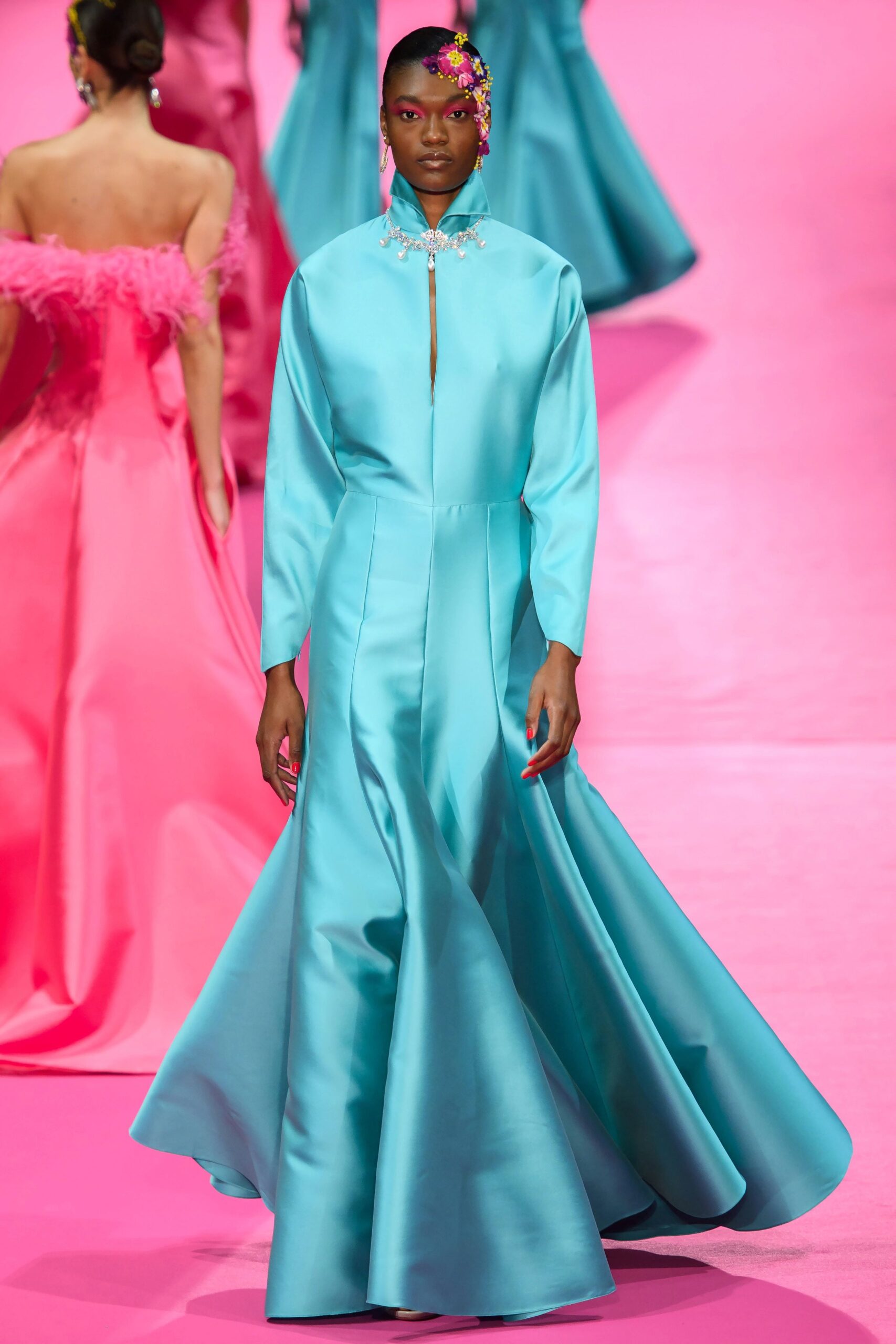 blue satin long-sleeve gown