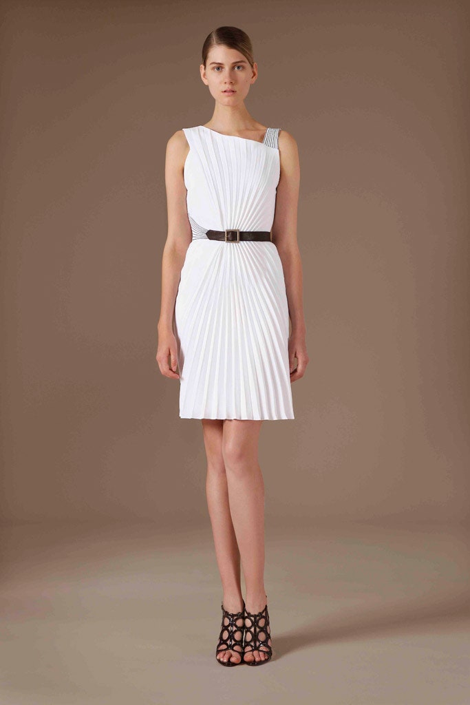 fitted white pleated dress
