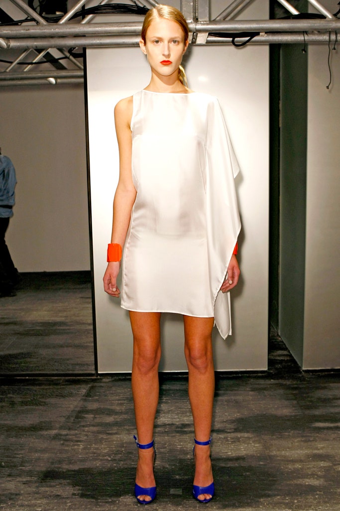 white silk sleeveless asymmetric fitted draped short dress
