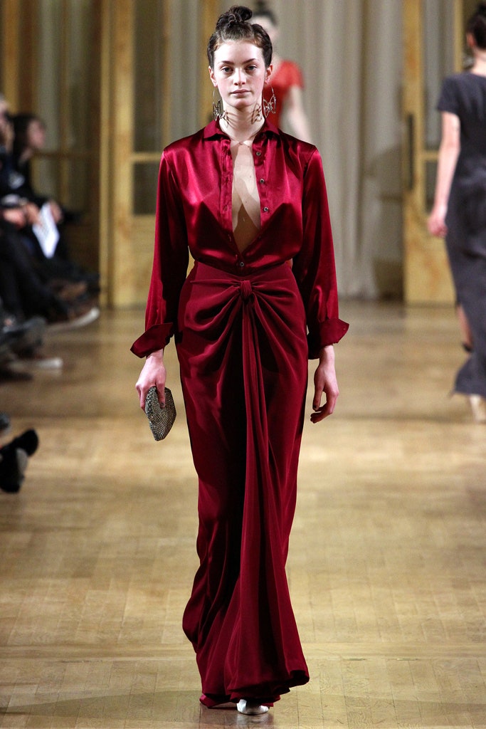 fitted red silk gown
