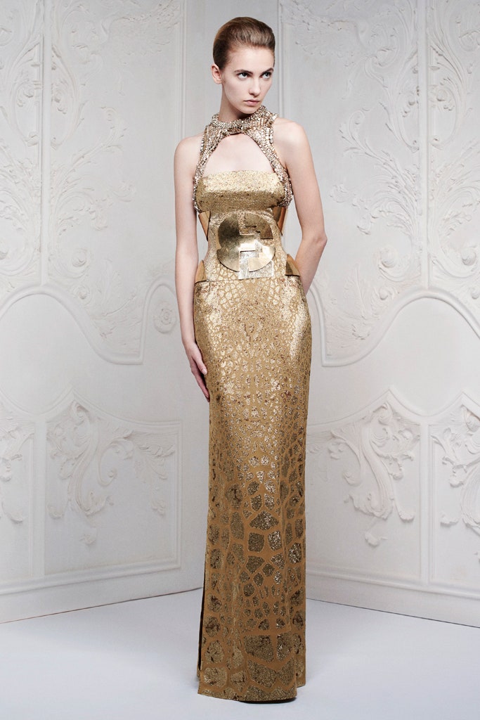 gold embellished sleeveless gown