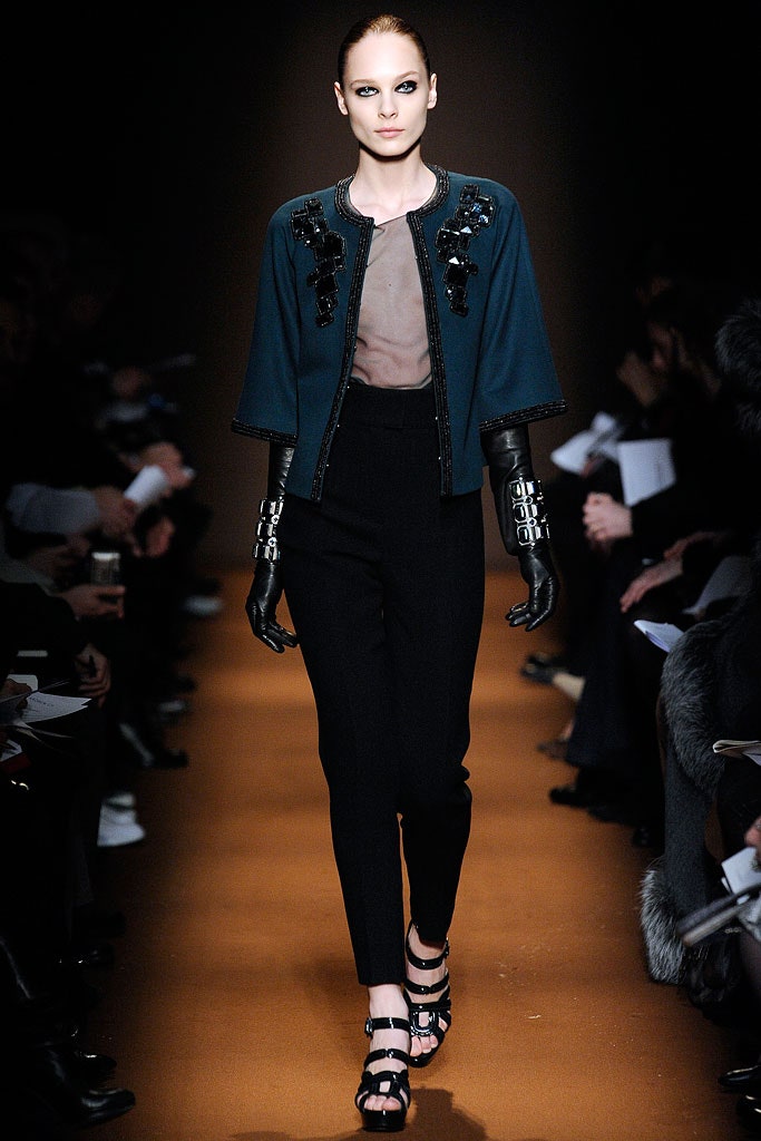 teal embellished jacket with tailored pants