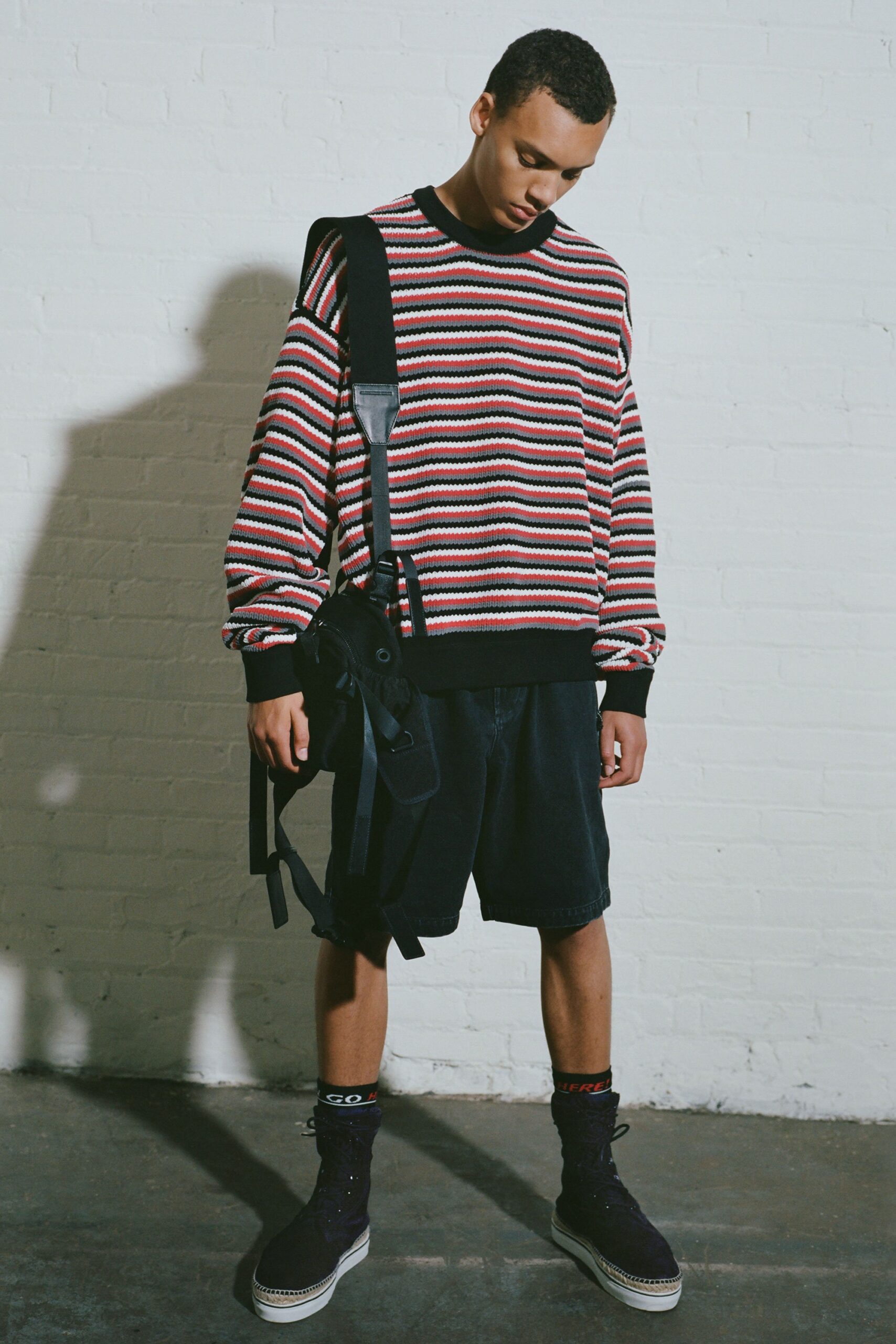 relaxed striped sweater with shorts