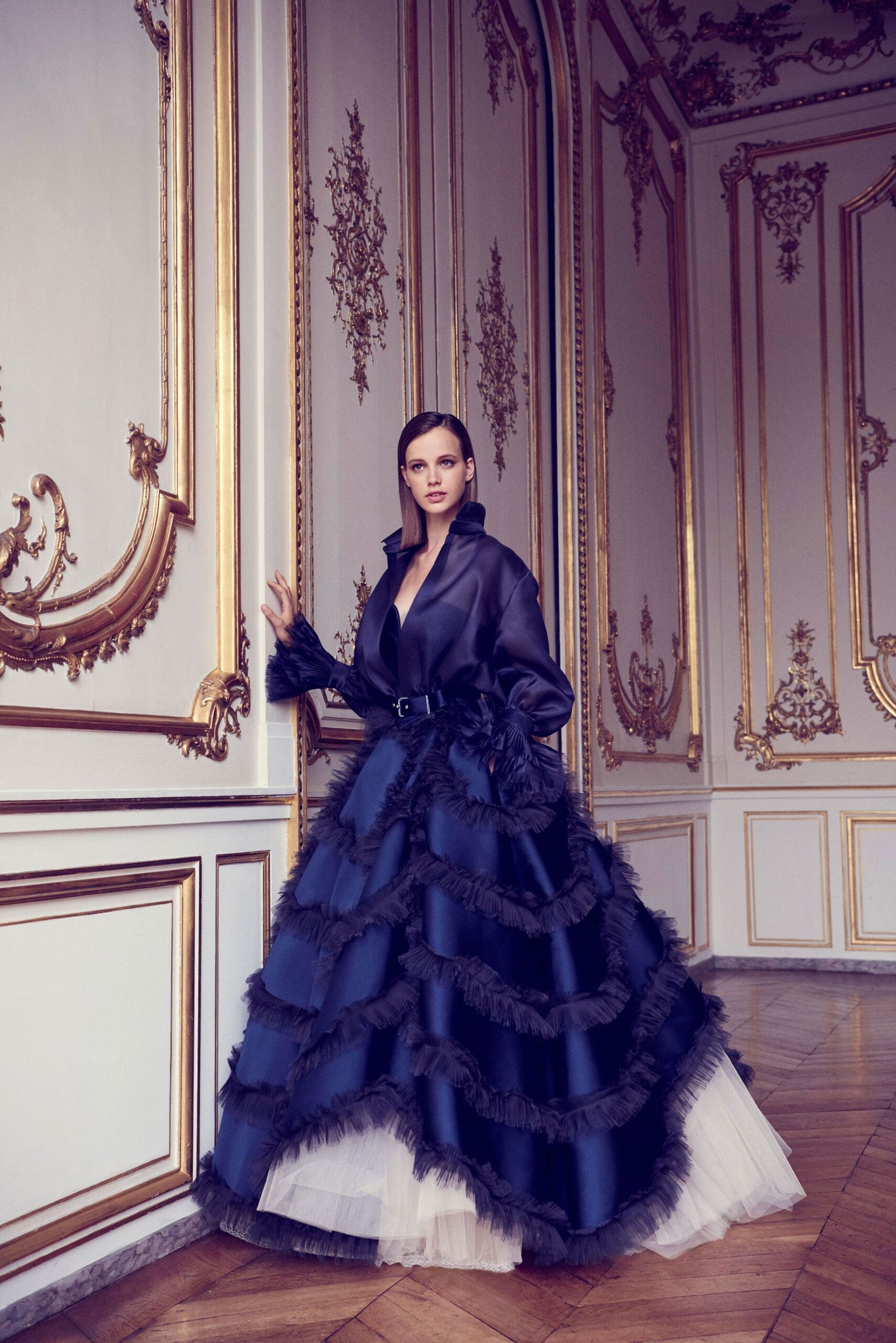 black silk sleeveless v-neck fitted ruffled layered gown