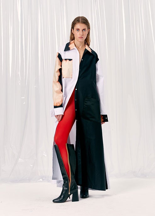 color-blocked shirt-dress with red pants