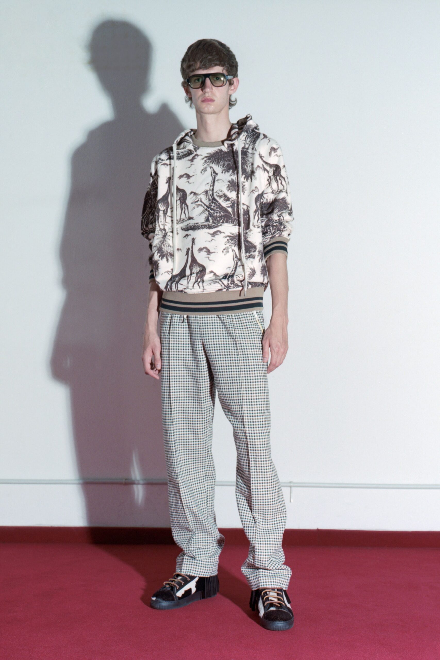printed hoodie and checked pants