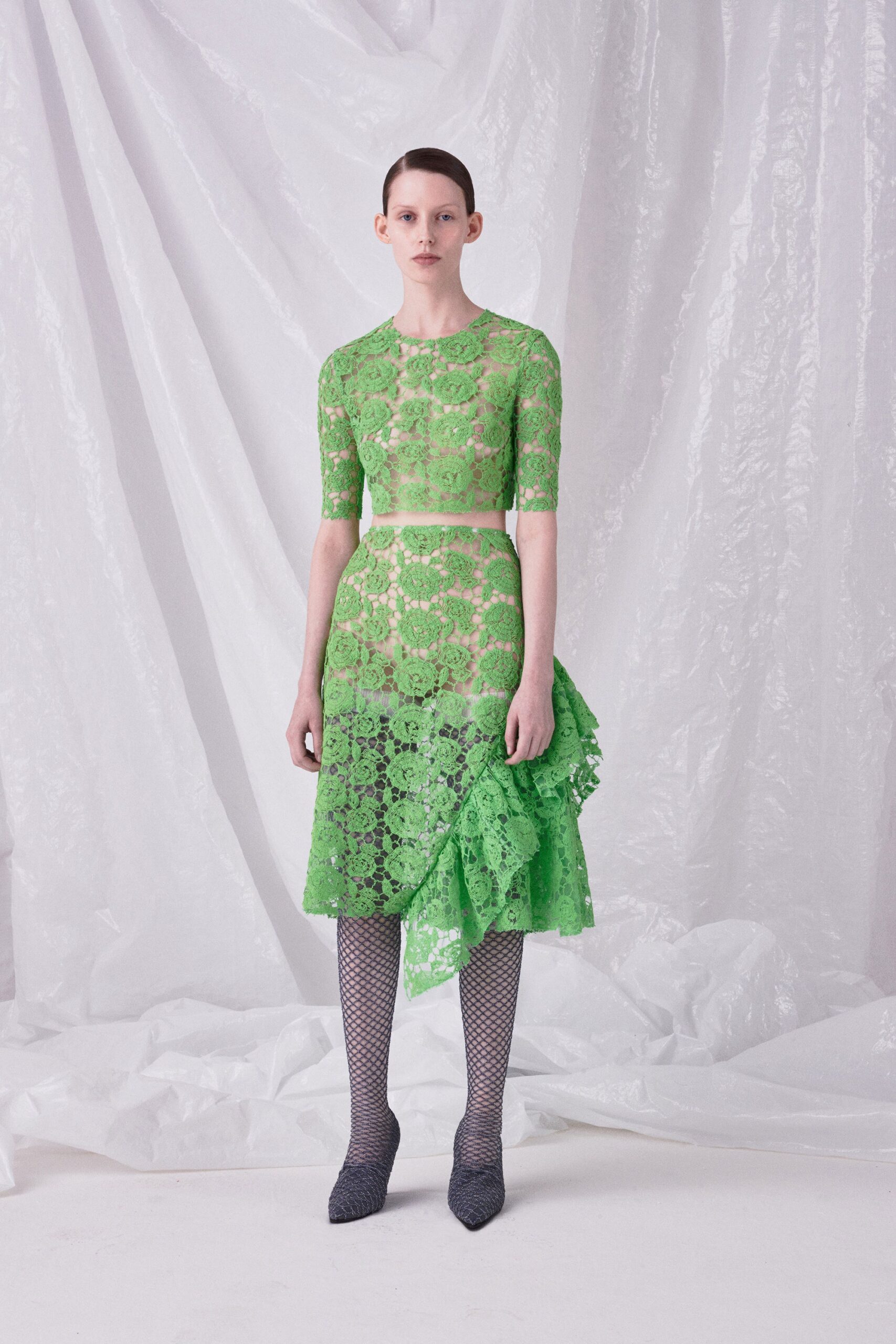 fitted green lace midi dress
