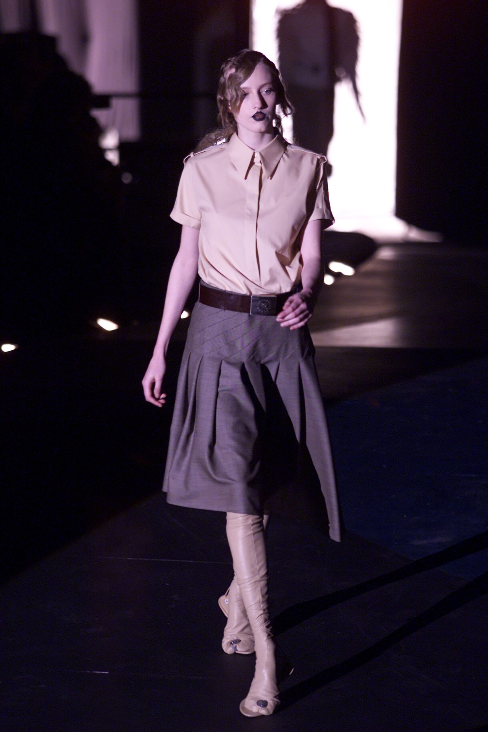 beige shirt gray pleated skirt