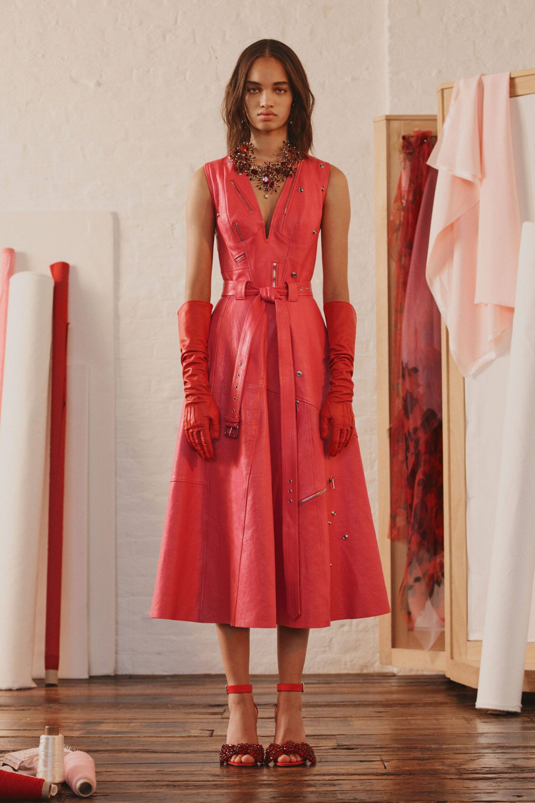 pink leather midi dress