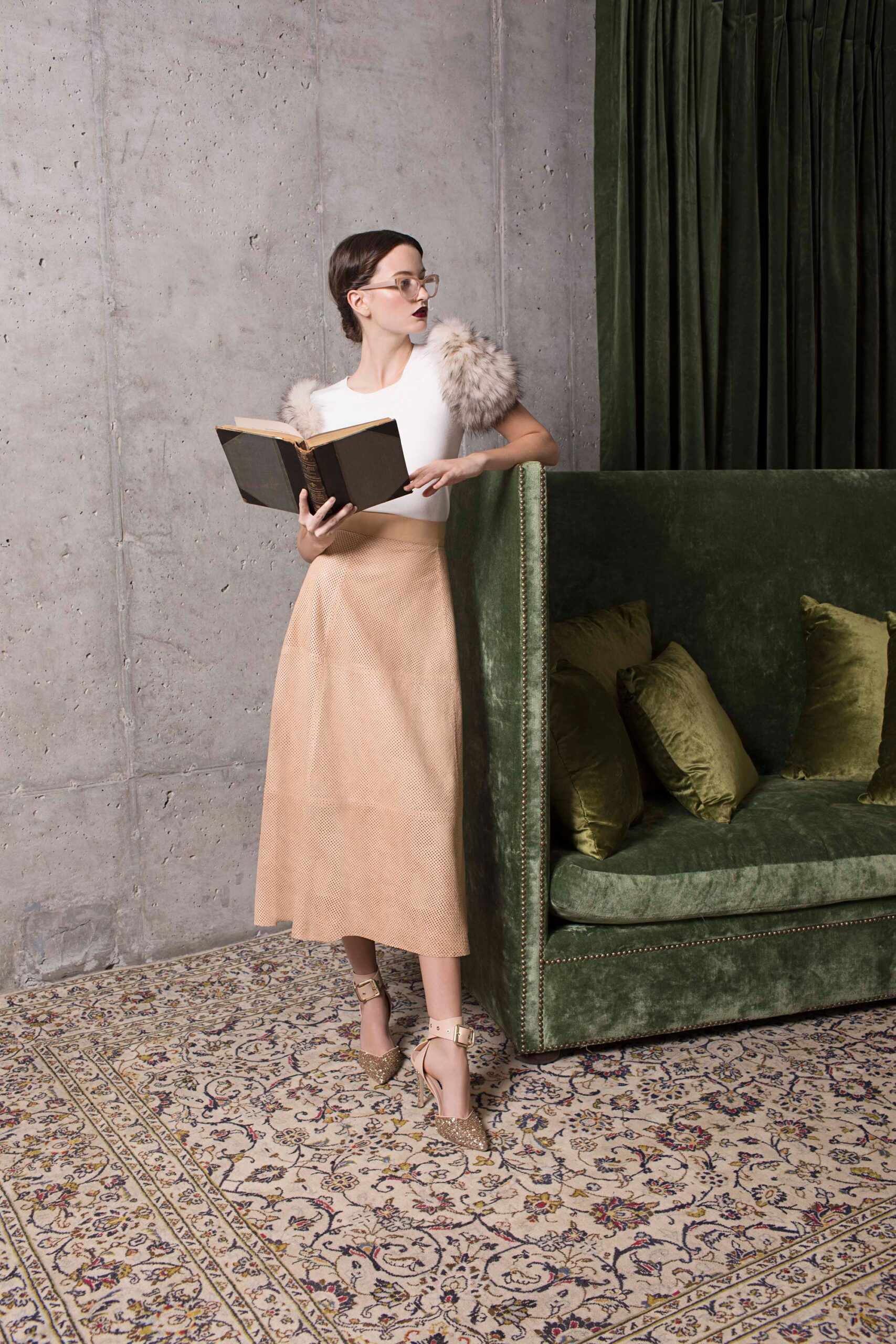 white fitted top beige midi skirt