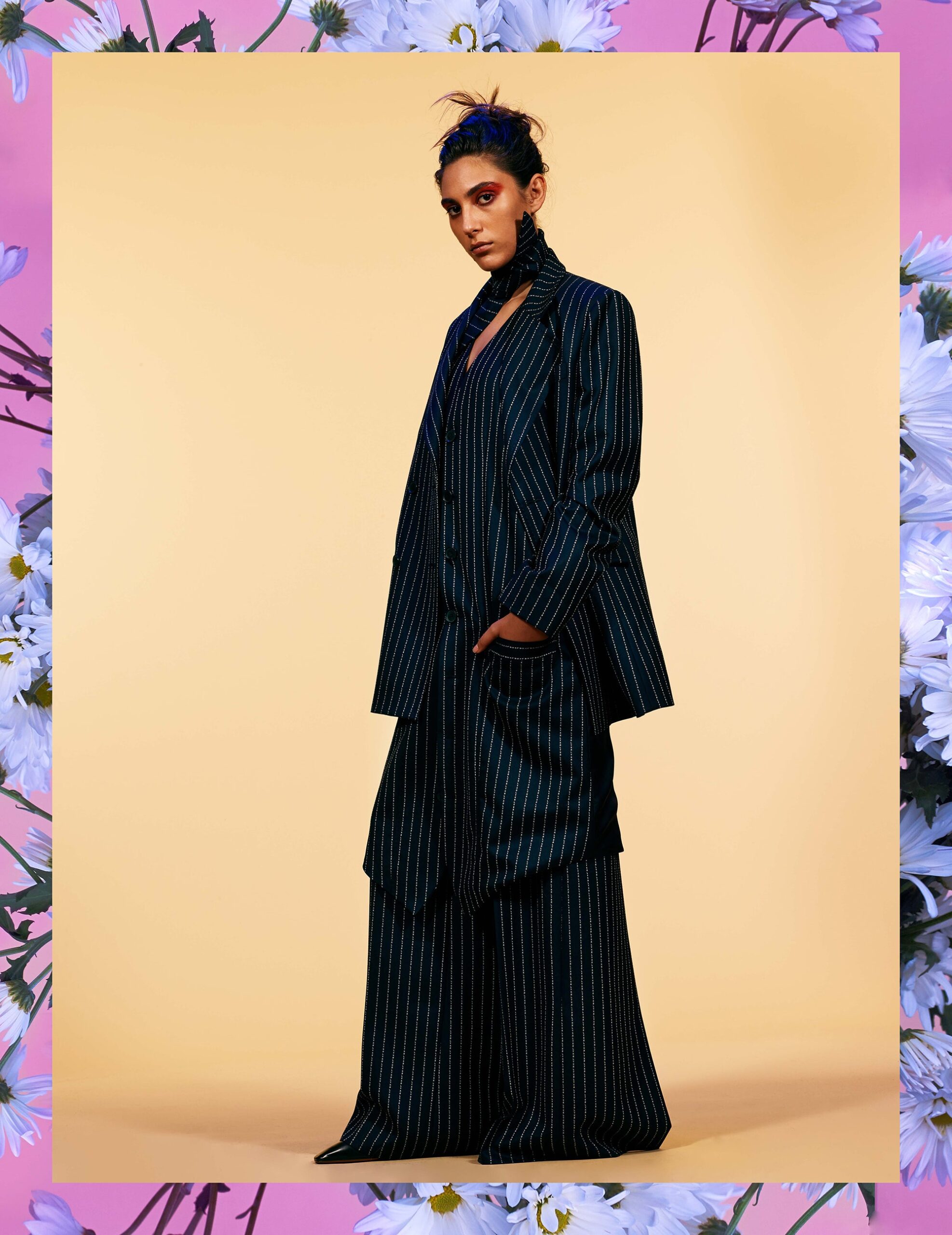 blue striped relaxed suit