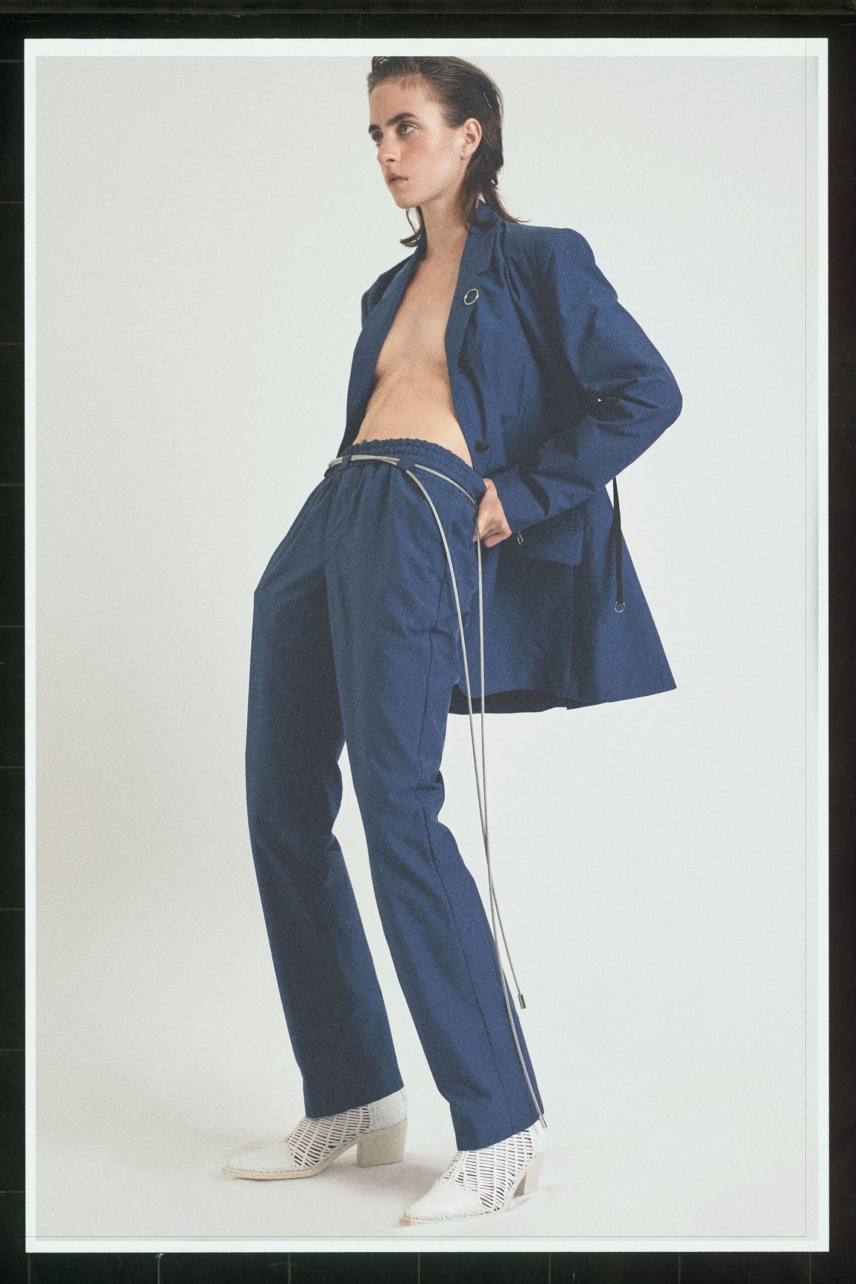 blue cotton fitted high-waisted straight-leg pants