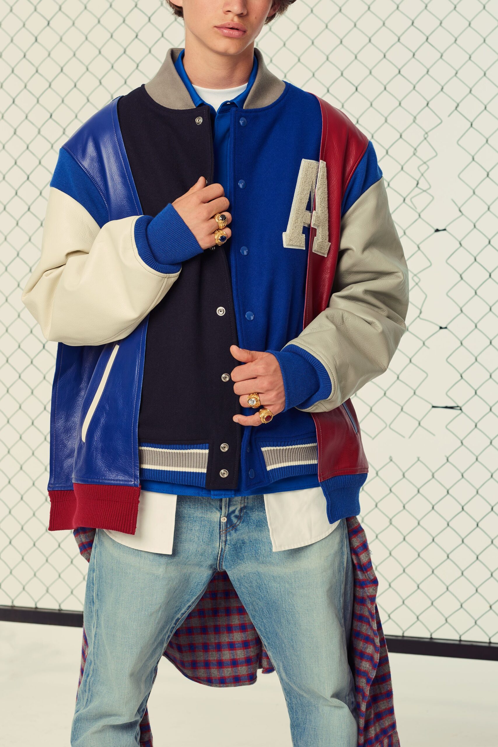 color-blocked leather jacket with denim pants