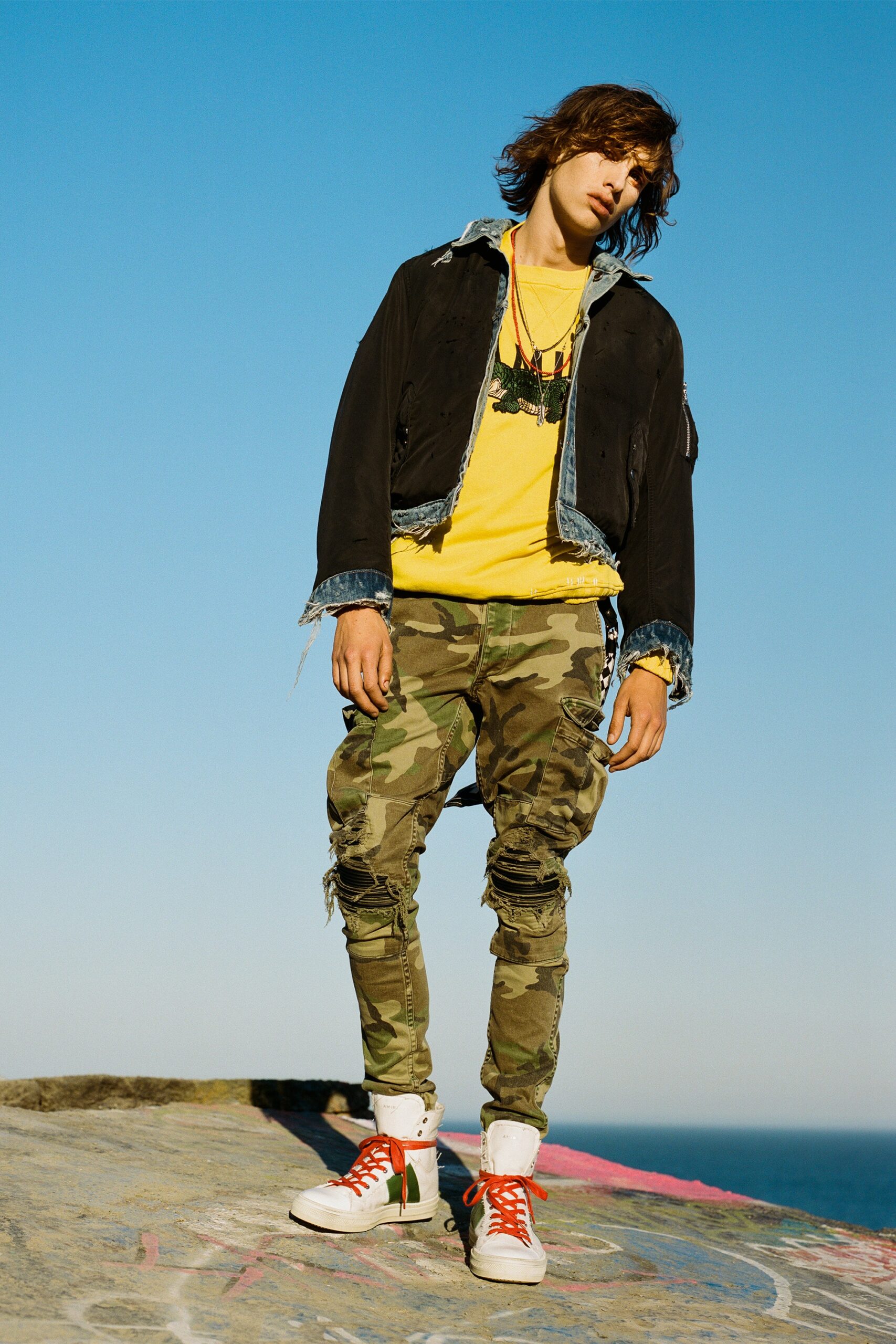 black denim jacket yellow t-shirt