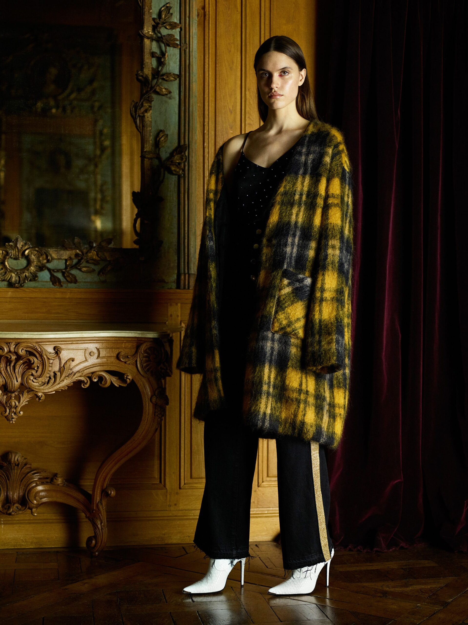 yellow wool long-sleeve collared oversized checked coat