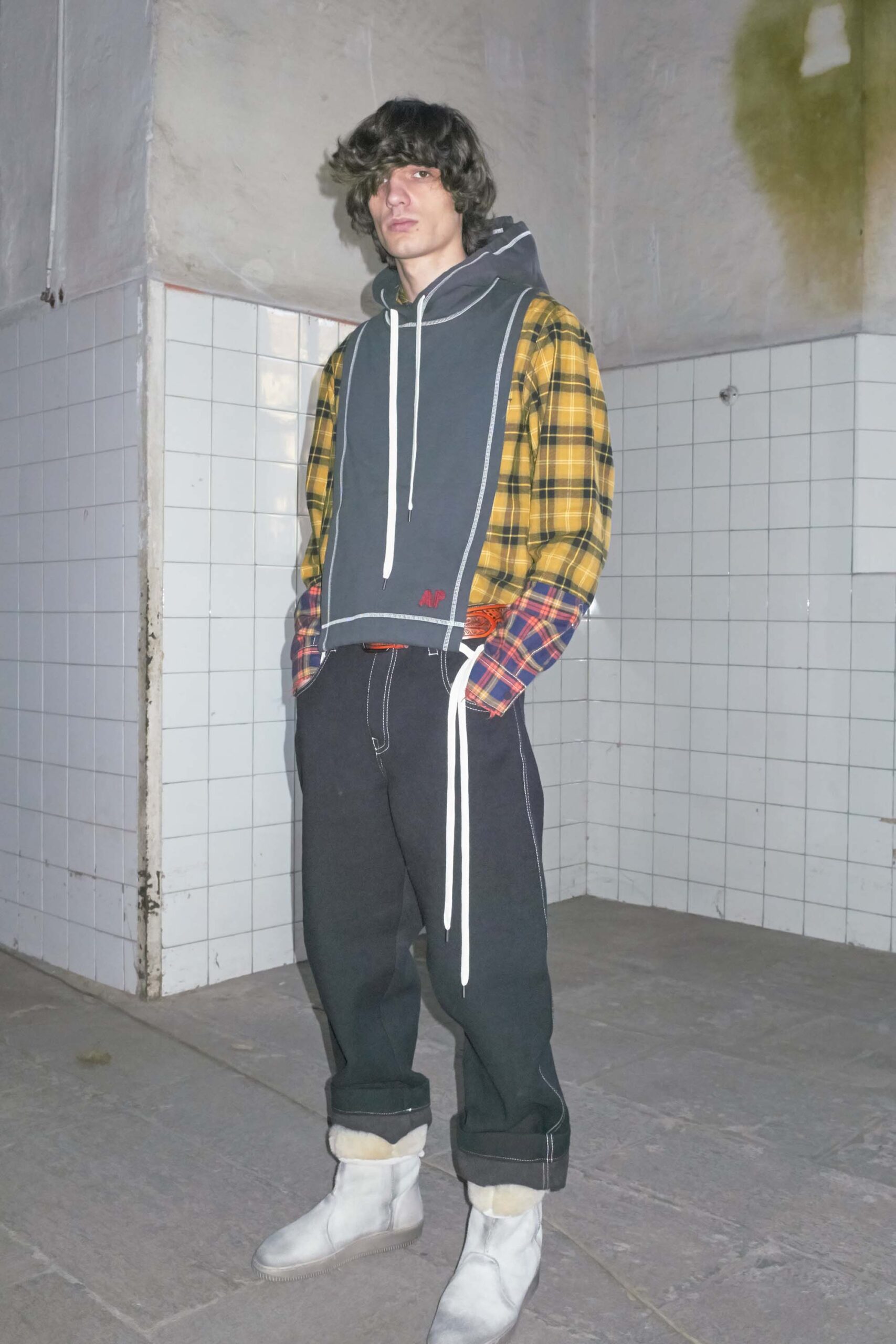 gray hoodie with checked shirt