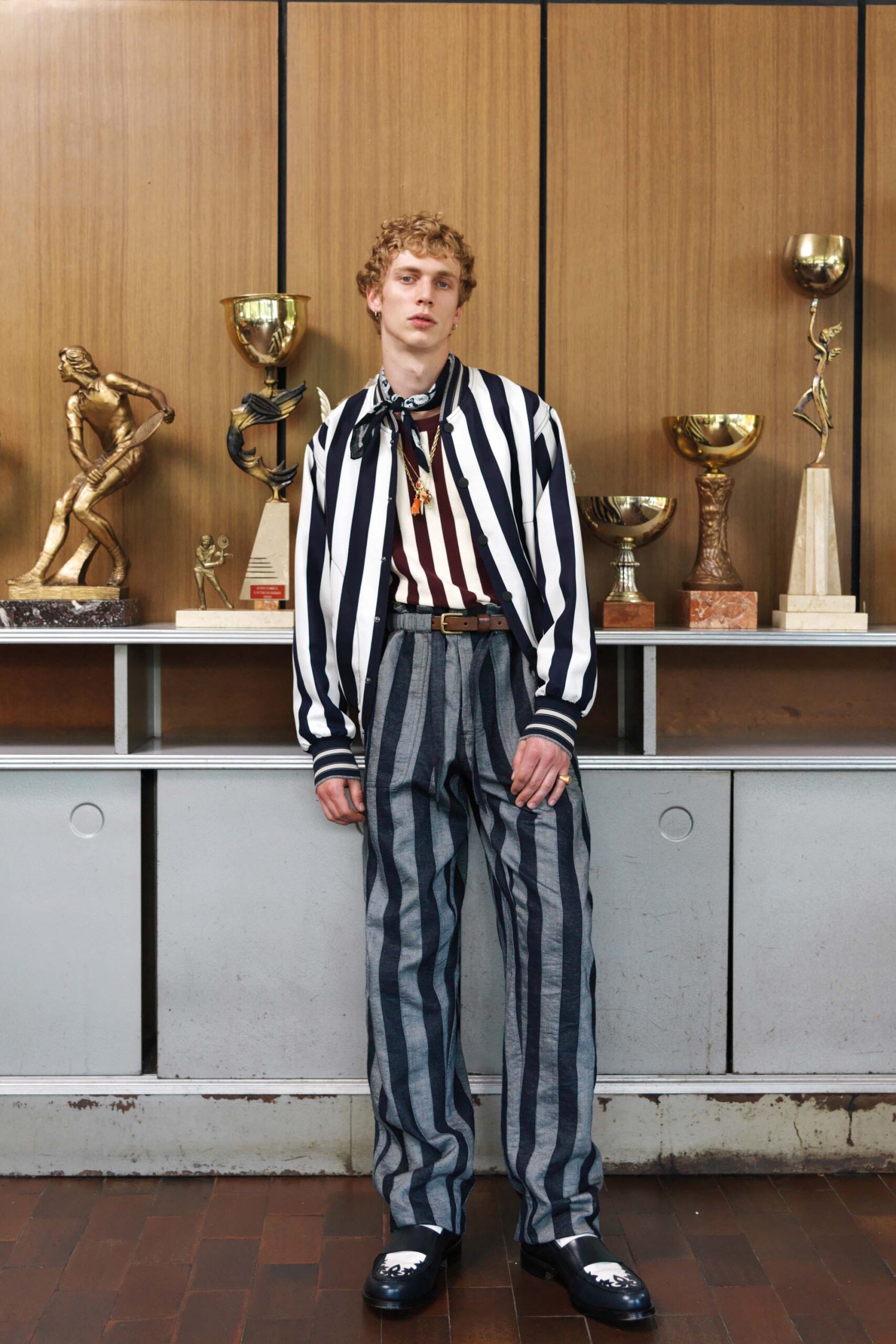 striped jacket and pants outfit