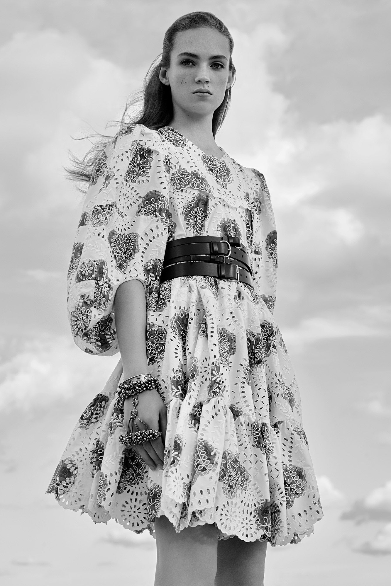 white and black embroidered mini dress with belt