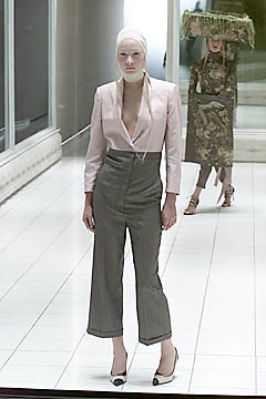 pink silk fitted blazer with gray pants