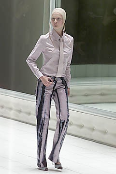 pink fitted shirt with multi pants