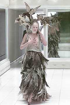 brown feather gown with headpiece