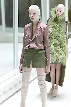 pink checked blazer and green pencil skirt