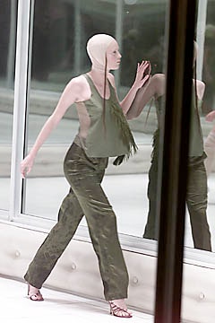 green silk fitted straight-leg pants