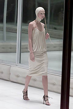 beige draped midi dress with strappy shoes