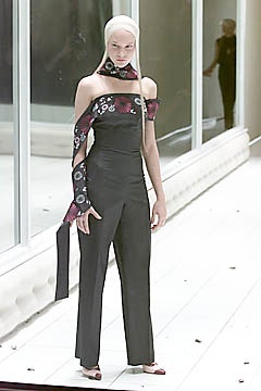 black silk jumpsuit with printed scarf