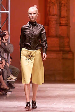 black silk shirt yellow skirt