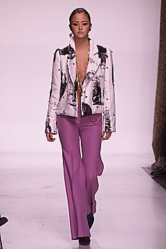 printed white jacket with purple pants