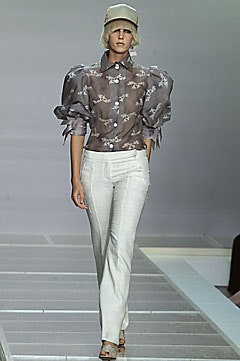 gray silk long-sleeve collared fitted ruffled printed shirt