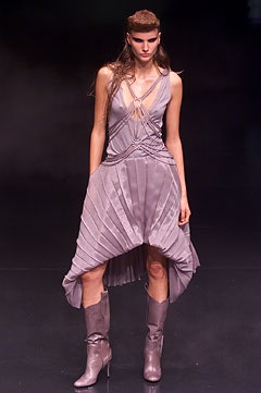 purple silk pleated midi dress with boots