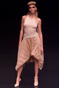 beige fitted top with pleated skirt