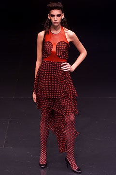 red ruffled midi dress with polka-dot tights
