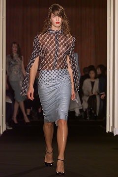 brown silk layered top with blue pencil skirt